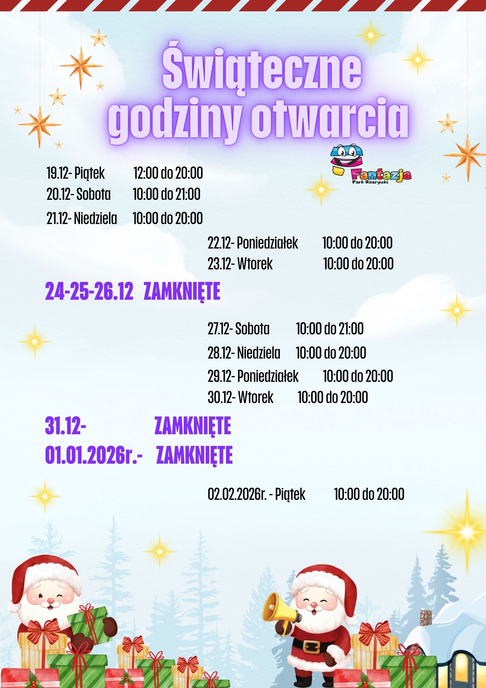 Świąteczne godziny otwarcia Parku Fantazja